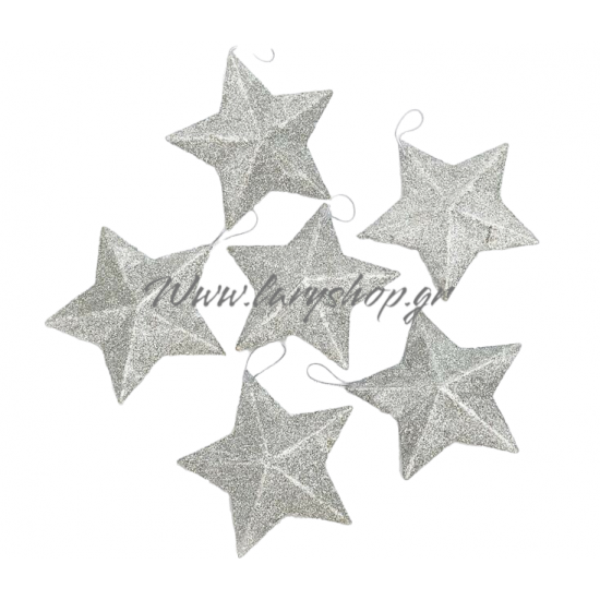SET OF 6 SILVER ORNAMENTS STAR SEASONAL PRODUCTS