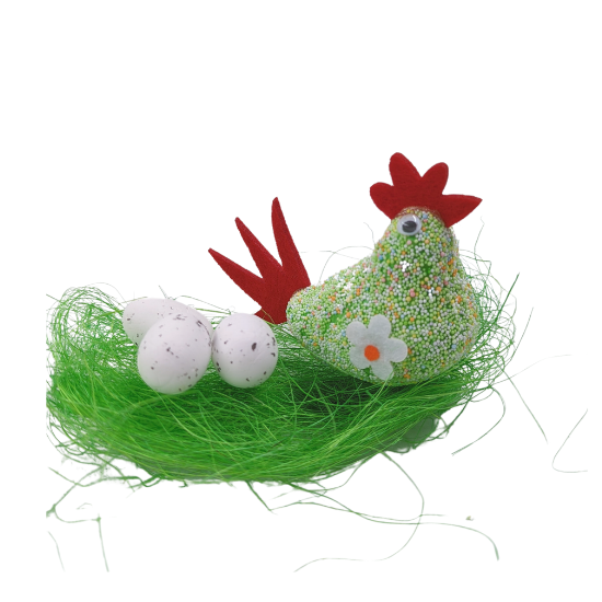 DECORATIVE GREEN CHICKEN WITH STRAW AND EGGS
