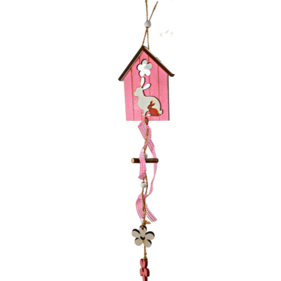EASTER DECORATIVE PENDANT WOODEN PINK HARE HOUSE