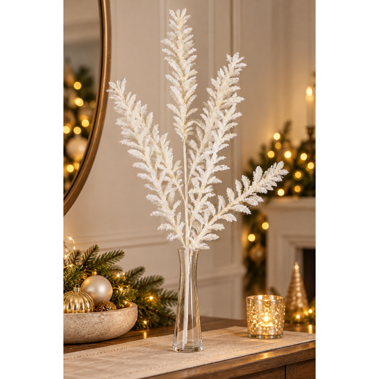 WHITE SNOW-FLOCKED CHRISTMAS SPRAY WITH IRIDESCENT WHITE SNOW-FLOCKED CHRISTMAS SPRAY WITH IRIDESCENT