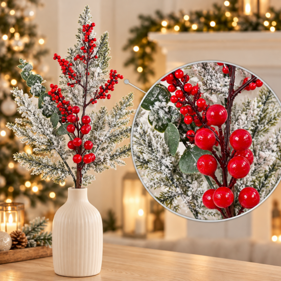 SNOW-FLOCKED CHRISTMAS BRANCH WITH RED BERRIES 15 SNOW-FLOCKED CHRISTMAS BRANCH WITH RED BERRIES 15