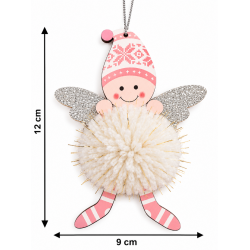 CHRISTMAS HANGING ANGEL ORNAMENT WITH WHITE POM POM AND SILVER WINGS 12×9 CM
