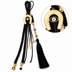2027 LUCKY CHARM WITH GOLD HORSESHOE, EVIL EYE AND BLACK TASSEL 2027 LUCKY CHARM WITH GOLD HORSESHOE, EVIL EYE AND BLACK TASSEL