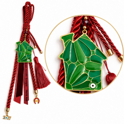 2027 LUCKY CHARM WITH GREEN HOUSE, EVIL EYE AND RED TASSEL 2027 LUCKY CHARM WITH GREEN HOUSE, EVIL EYE AND RED TASSEL