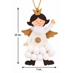 WOODEN CHRISTMAS ANGEL HANGING ORNAMENT WITH POM POMS – 13 × 7 CM