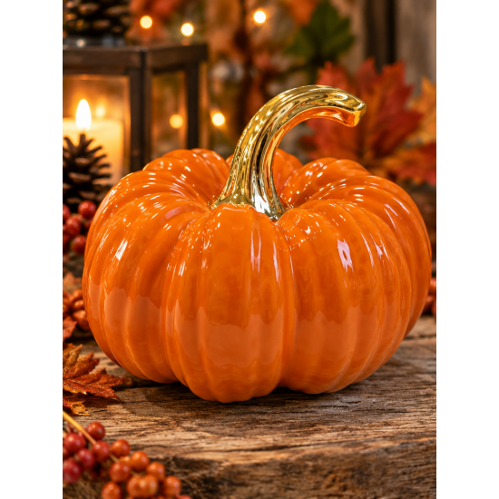 ORANGE CERAMIC DECORATIVE PUMPKIN WITH GOLD STEM 1