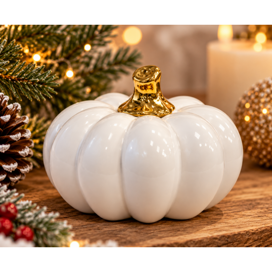 DECORATIVE WHITE PUMPKIN WITH GOLD STEM 9X11 CM DECORATIVE WHITE PUMPKIN WITH GOLD STEM 9X11 CM