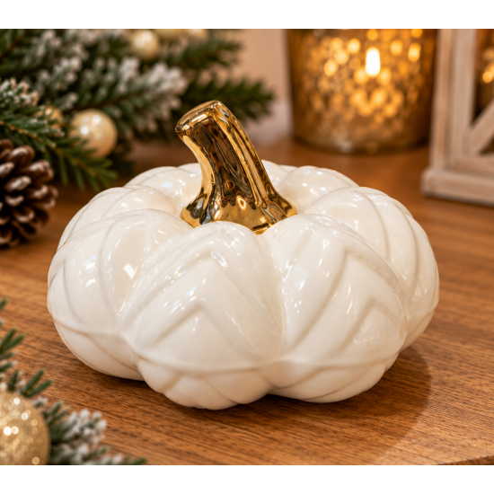 WHITE CERAMIC DECORATIVE PUMPKIN WITH GOLD STEM 10 WHITE CERAMIC DECORATIVE PUMPKIN WITH GOLD STEM 10