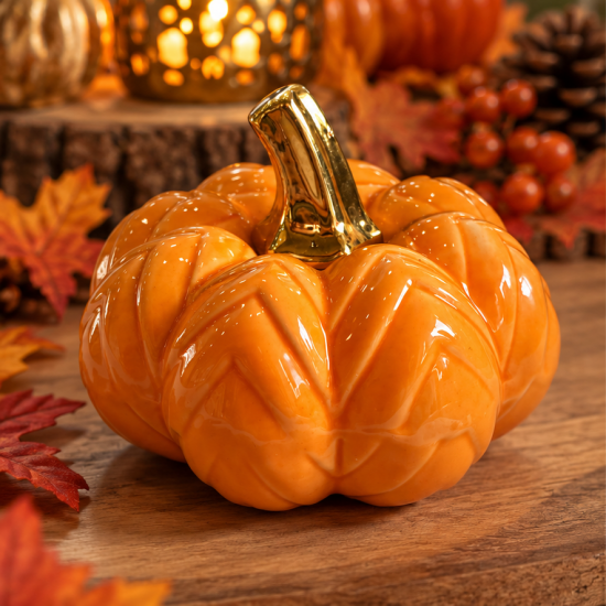 ORANGE CERAMIC DECORATIVE PUMPKIN WITH GOLD STEM 8 ORANGE CERAMIC DECORATIVE PUMPKIN WITH GOLD STEM 8