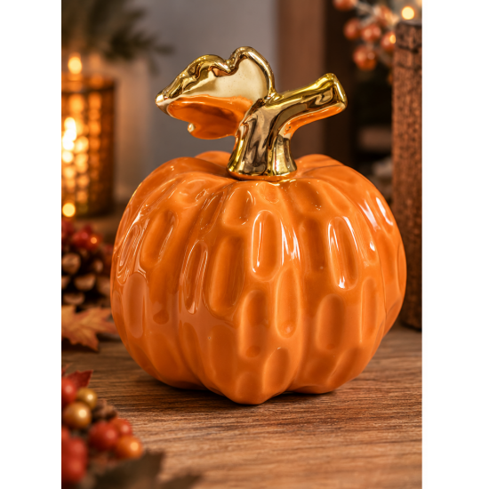 ORANGE CERAMIC DECORATIVE PUMPKIN WITH GOLD STEM 1