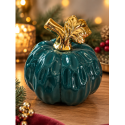 DECORATIVE TEAL PUMPKIN WITH GOLD STEM 12×10 CM