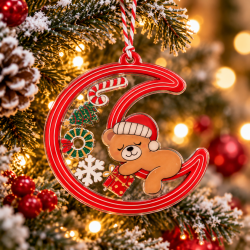 CHRISTMAS HANGING CRESCENT MOON ORNAMENT WITH TEDDY BEAR ACRYLIC 9.5X10 CM – 2 COLORS