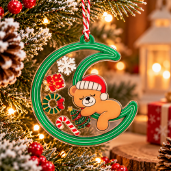 CHRISTMAS HANGING CRESCENT MOON ORNAMENT WITH TEDDY BEAR ACRYLIC 9.5X10 CM – 2 COLORS