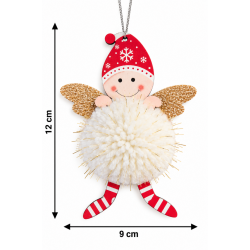 CHRISTMAS HANGING ANGEL ORNAMENT WITH POM POM AND GOLD GLITTER WINGS 12×9 CM
