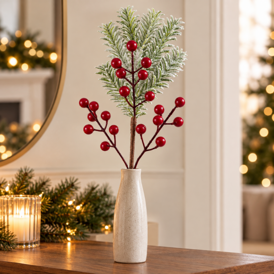 SNOWY CHRISTMAS BRANCH WITH PINECONE AND RED BERRI SNOWY CHRISTMAS BRANCH WITH PINECONE AND RED BERRI