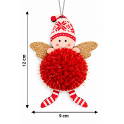 CHRISTMAS HANGING ANGEL ORNAMENT WITH POM POM AND GOLD GLITTER WINGS 12×9 CM
