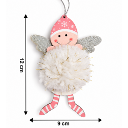 CHRISTMAS HANGING ANGEL ORNAMENT WITH WHITE POM POM AND SILVER WINGS 12×9 CM